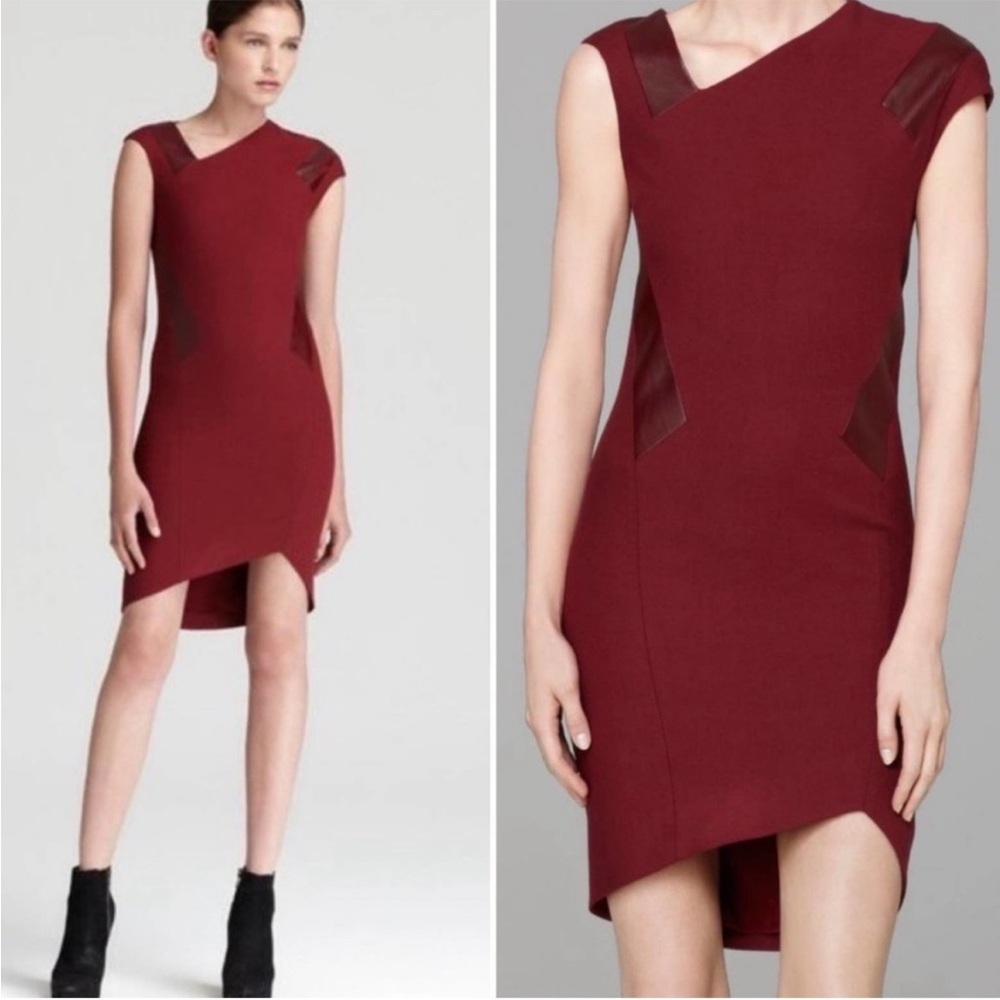 Helmut Lang burgundy asymmetrical dress with leather accents